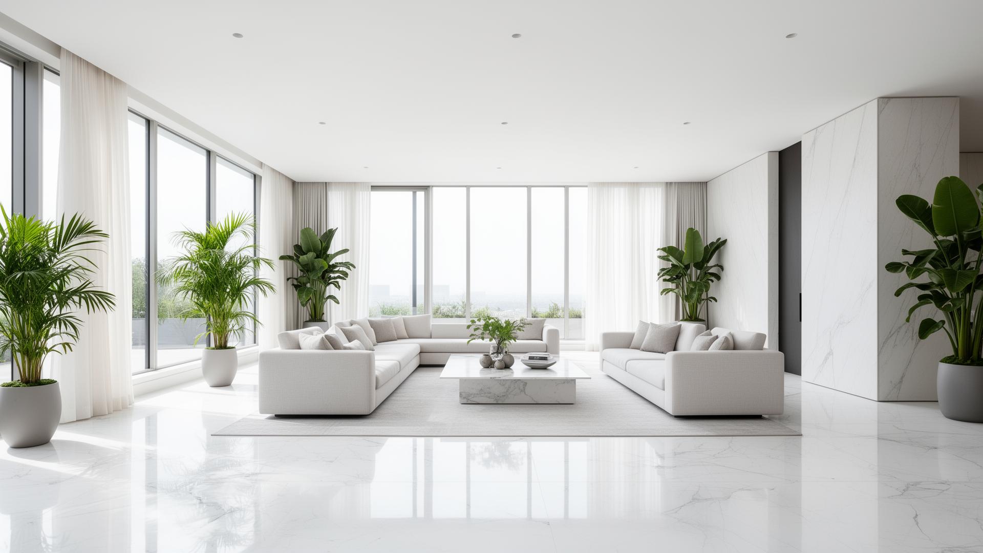 Luxury modern living room with pristine marble floors and natural light